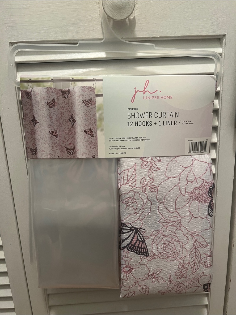 #3214**Pink Floral & Butterfly Shower Curtain with Liner